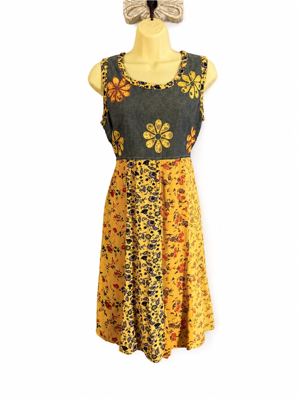 Vintage Raindrops Patchwork Floral Dress 90s Boho Grunge Cottagecore Tie Back M - Picture 3 of 15